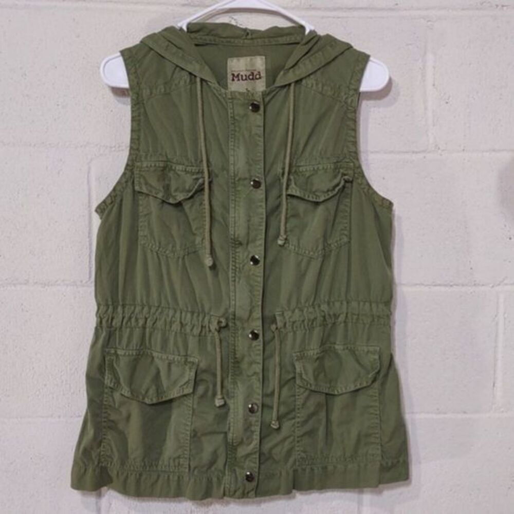 Mudd Olive Green Hooded Cotton Utility Vest with Cinch‎ Tie Waist Juniors Sz L